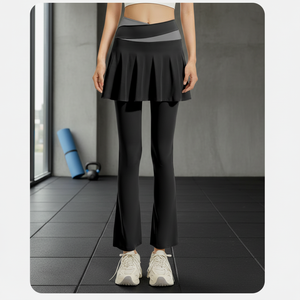 Two-piece High-Waisted <b>Full</b>-<b>Length</b> Yoga Pants Outfit Flared <b>Skirt</b> Combination Elastic Solid Color Spandex/Polyester Quick Dry - Product Image 4