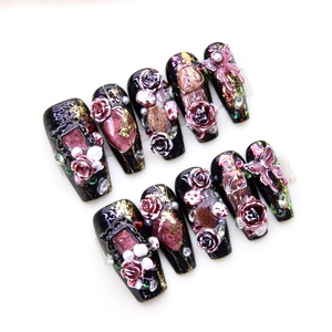 10 Uds. <span class=keywords><strong>Uñas</strong></span> Postizas <span class=keywords><strong>Acrílicas</strong></span> Reutilizables <span class=keywords><strong>con</strong></span> Base Negra, Diseño 3D de <span class=keywords><strong>Rosa</strong></span> Roja y Mariposa <span class=keywords><strong>con</strong></span> Diamantes de Imitación, Cobertura Completa, Venta al por Mayor - Product Image 5