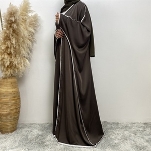 6688# New Arrive Smooth Satin batwing Sleeve Open <b>Abaya</b> With White Line Muslim Women Eid Ramadan Basic Abayas Cardigan 6 Colors - Product Image 4