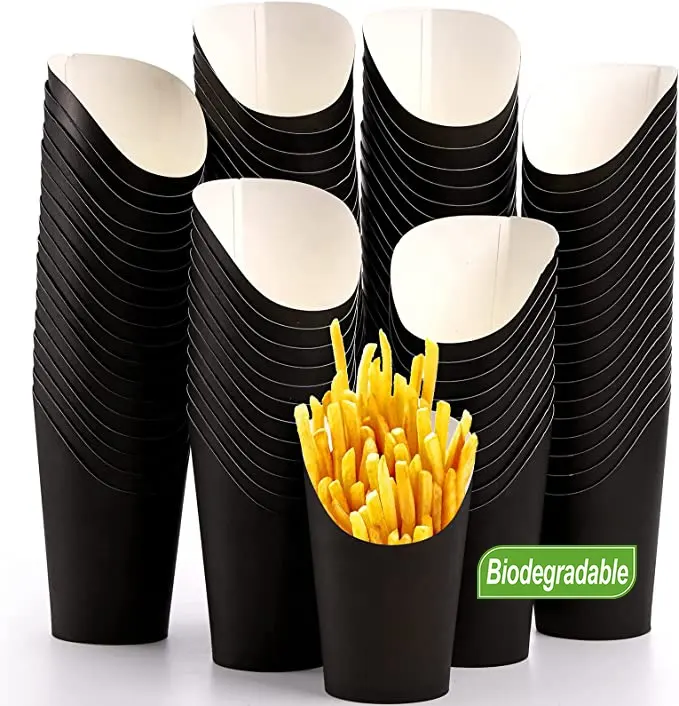 Großhandel Einweg lebensmittel Pommes Frites Schwarze Kraft papier boxen Take Away Chips Verpackungs eimer für Restaurant