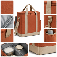 Sac isotherme en toile terre cuite avec bandoulière réglable et poche latérale pour pique-nique, déjeuner ou plage
