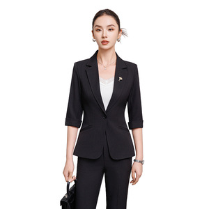Women's Navy Blue Suit Set Three Quarter Sleeve Anti-Wrinkle Office Lady Formal Business Wear Autumn Season - Product Image 5