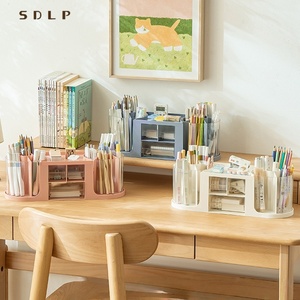 Scatola portaoggetti da scrivania in plastica per studenti, portapenne <span class=keywords><strong>trasparente</strong></span> a doppia rotazione per scuola e ufficio - Product Image 1