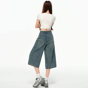 Jeans en denim taille haute pour femmes, vente en gros, été 2025, nouveau style, coupe décontractée, jambe droite, pantalon mi-long - Product Image 2