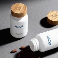 Impression d'étiquettes adhésives, flacon en verre opaque blanc pour vitamines, 200 ml, 150 ml, 120 ml, 100 ml, flacon à large ouverture pour capsules et pilules avec bouchon en bambou
