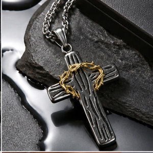 yunnique Stainless Steel <b>Cross</b> Pendant Necklace With Gold Crown Detail Unisex Fashion Jewelry Gift 3x60cm - Product Image 1