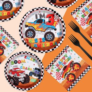 Ensemble de vaisselle à carreaux DAMAI pour fête d'anniversaire sur le thème des camions, décorations d'anniversaire pour la 3ème fête d'anniversaire sur le thème des camions pour enfants, pour 24 personnes - Product Image 1
