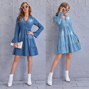 Robe en jean taille Empire, col en v, manches longues évasées, ligne a, longueur genou, devant ouvert, automne <span class=keywords><strong>2022</strong></span> - Product Image 4