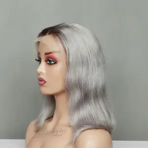 Grey 2 Tone Colored Human Hair Wigs Short Bob Lace Front Blunt Cut Wigs Brazilian 1b/Gray Human Hair Pre Plucked Remy Wigs