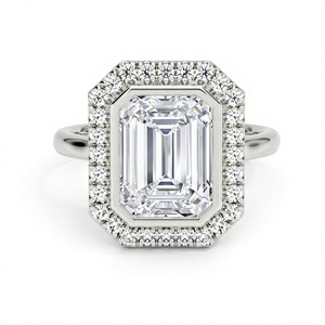 Bague de fiançailles de luxe en or plaqué 18K 14K avec diamant de laboratoire taille émeraude, sertie clos, double halo, pour femme, bijoux fins - Product Image 2