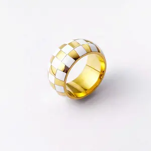 18K Gold Plated Stainless Steel Jewelry Checkered Gold White Epoxy Enamel Chunky Rings R214147
