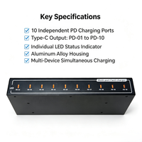 Boîtier en alliage d'aluminium, station de charge USB-C PD PPS 200W à 10 ports avec support pour téléphone, chargeur rapide PD 30W 45W