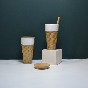 Bamboo Woven Coffee Cup White Porcelain Inner Portable Travel Beverage Cup - Product Image 4