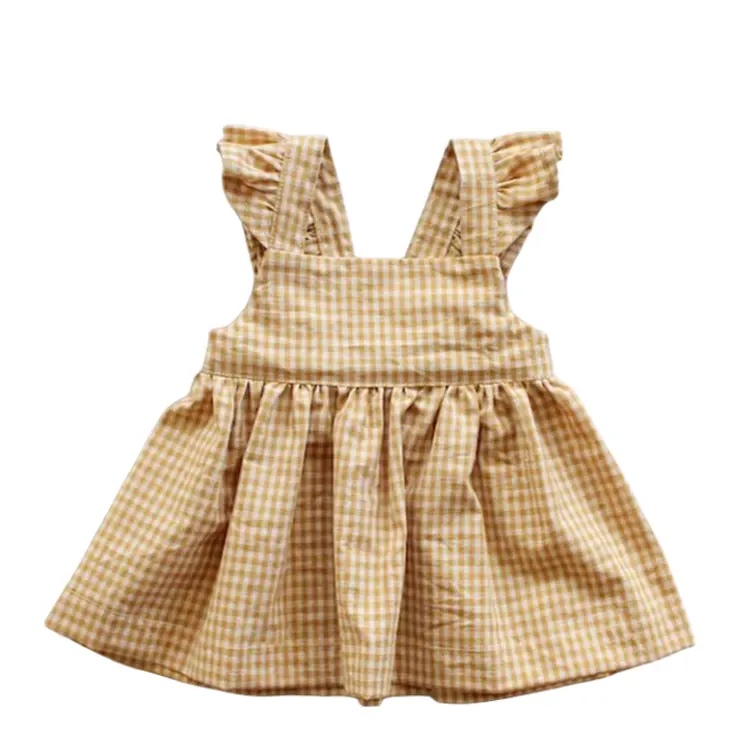 Ropa de verano para bebés, 100% de algodón, patrón de cuadros amarillos orgánicos naturales, vestido informal para niñas pequeñas, ropa para niños