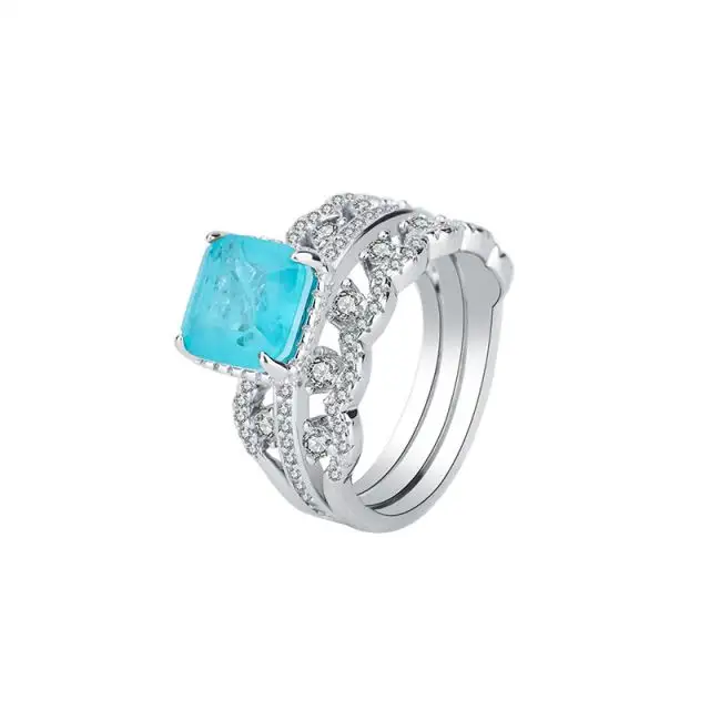 925 Sterling silver square paraiba ring bule paraiba tourmaline three pcs ring set for women