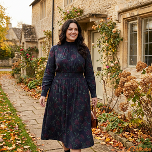 <span class=keywords><strong>Robe</strong></span> Vintage Florale Cotswolds Personnalisée pour <span class=keywords><strong>Femme</strong></span>, Imprimé Mûre Bleu Foncé, Manches Longues, Longueur Midi, Tissée Numérique, Grandes Tailles S à 5X - Product Image 5