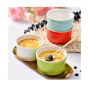 Classic Pudding Stripe Cake Baking Cup Round Porcelain Ramekin & Souffle Cup Ceramic Dessert Bowl Egg Steamer