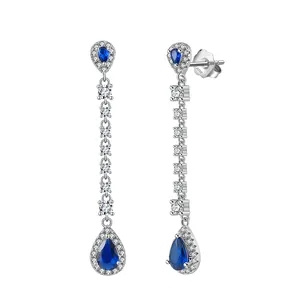 Rinntin LZE29 Bridal Sapphire Wedding Earrings Blue Drop Earrings Blue Jewelry 925 Sterling Silver Teardrop Earrings
