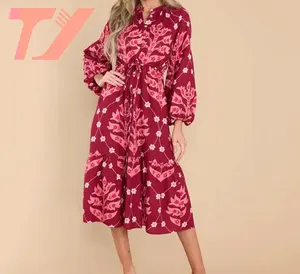 TUOYI Autumn Dignified Tiered Skirt O-Neckline Functional Buttons Drop Shoulders Floral Flowers Print Blushberry Dress