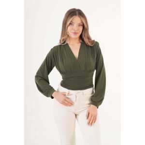 Chemisier en satin de soie pour femme, style vintage, avec logo brodé, col en V, drapé sur la poitrine, disponible en taille XL pour le bureau - Vente en gros - Product Image 1