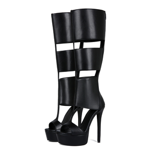 Botas de moda para mujer con plataforma y tacón de aguja, estilo gladiador, con punta abierta y recortes, hasta la rodilla - Product Image 1