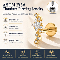 JiaXin ASTM-F136 Piercing Corporal de Titanio Sin Rosca con Parte Trasera Plana, Tipo Labret, Medusa, Concha, Lóbulo, Flor, Circonita Cúbica, 16G