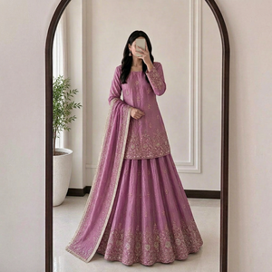 Pink <b>Tissue</b> Silk Embroidered Anarkali Salwar Kameez Zari Decor Indian Pakistani <b>Wedding</b> Party Outfit - Product Image 1