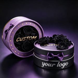 Custom Round Purple <b>Gift</b> Box With Black Roses Gold Foil Logo And Purple <b>Bow</b> For Flower Packaging - Product Image 1