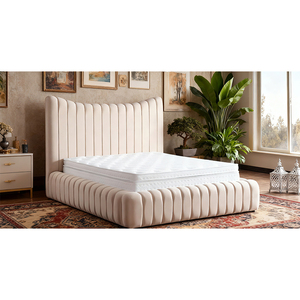 <span class=keywords><strong>Lit</strong></span> capitonné moderne de luxe en chêne, tissu <span class=keywords><strong>velours</strong></span> <span class=keywords><strong>beige</strong></span>, avec sommier souple, idéal pour chambre, hôtel, maison - Grande Vente - Product Image 5