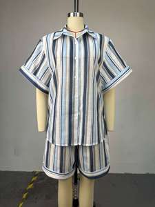 Set 2 Pezzi da <span class=keywords><strong>Donna</strong></span>: <span class=keywords><strong>Camicia</strong></span> a Righe a Maniche Corte <span class=keywords><strong>e</strong></span> <span class=keywords><strong>Pantaloncini</strong></span> con Coulisse - Coordinato Casual Estivo Sehe Fashion - Product Image 5