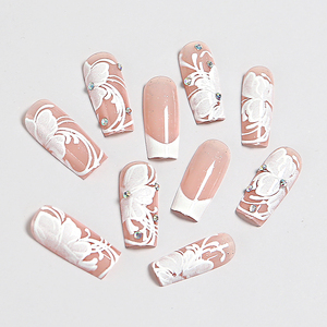 24 <span class=keywords><strong>faux</strong></span> ongles carrés à presser, rose nude, imprimé papillon blanc 3D, strass, réutilisables, en ABS, avec <span class=keywords><strong>colle</strong></span>, pour femmes, nail art de mariée - Product Image 2