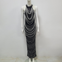 Femmes luxueuses et Sexy sans bretelles dos nu perle paillettes Extra longue robe noire élégante Banquet Club robe gilet