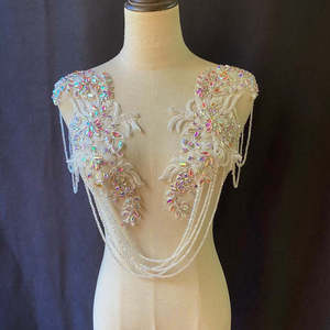 Applique de strass doré avec pompon, patch de corsage en cristal applique de strass de perles lourdes, appliques de col d'épaule en cristal f - Product Image 3