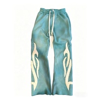 Pantalon de survêtement décontracté pour homme en molleton 100% coton, bleu sarcelle délavé, coupe large, avec appliqué flamme et cordon de serrage, collection automne