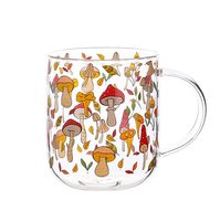 Mug en verre transparent de 450 ml avec poignée, motifs colorés de champignons et de citrouilles, mug durable et portable pour café, thé, lait, logo personnalisable