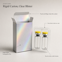 Boîte en papier argenté holographique, impression personnalisée, emballage pour flacon cosmétique avec 2 emplacements, insert en blister PET pour flacons en verre
