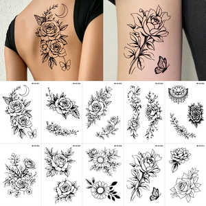 Lot <span class=keywords><strong>de</strong></span> 10 autocollants <span class=keywords><strong>de</strong></span> <span class=keywords><strong>tatouage</strong></span> temporaire noir à motifs floraux, style ligne artistique, roses, faux tatouages imperméables pour le corps - Product Image 1
