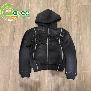 Fabricants de vêtements Streetwear Broderie personnalisée Vintage Acid Wash French Terry Distressed Rhinestone Zip up Hoodie pour hommes - Product Image 1