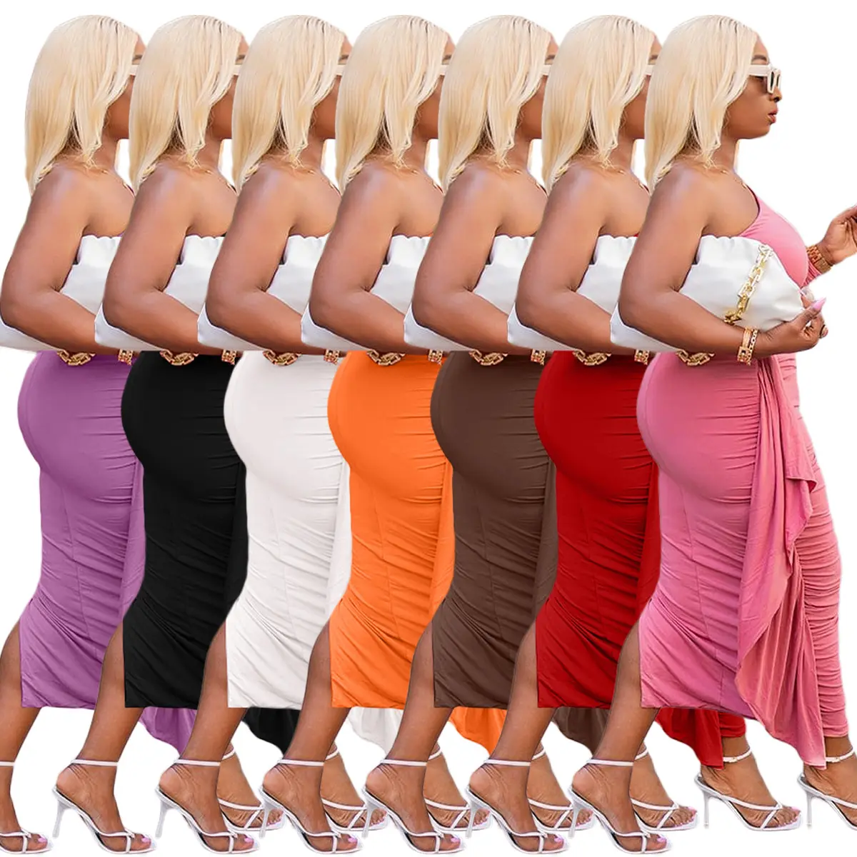 Women Summer Sexy Single Shoulder Pleated Split Elegant Evening Long Bodycon Tight African Women Dress Party Clothing