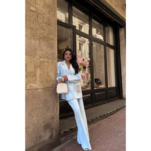 Ensemble veste et pantalon bleu ciel pour femme, design élégant, kit de costume - Product Image 2