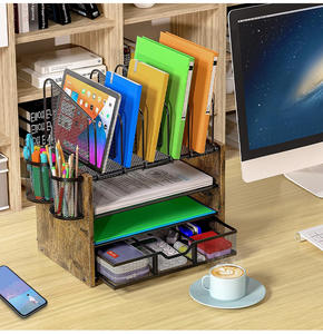 Organisateur de bureau en bambou à 4 niveaux avec 5 porte-fichiers verticaux et 2 porte-stylos pour le bureau à domicile - Étagère de <span class=keywords><strong>rangement</strong></span> moderne - Product Image 1