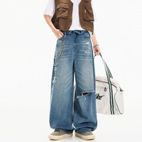 Jean déchiré à taille croisée pour homme, coupe ample et large, en denim délavé vintage, style streetwear Y2K, pantalon oversize