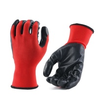 Gants de jardin industriels en nylon polyester rouge de calibre 13, revêtement en nitrile noir, norme CE