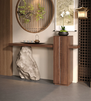 Console Moderne en Bois Massif avec Miroir, Finition Effet Pierre, Design Mural Étroit pour Entrées de Villas et Couloirs, Écologique