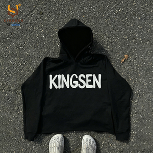 เสื้อฮู้ดดี้ทรงโอเวอร์ไซส์ผ้าเฟรนช์เทอร์รี่เนื้อหนา พิมพ์ลายสกรีน ประดับคริสตัล ฟอกสีซีดแบบซันเฟด ล้างสีแบบแอซิดวอช ทรงครอป ชายเสื้อแบบดิบ - Product Image 3