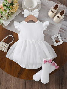 Ensemble d'été pour bébé fille : haut triangle à col Khail volanté + bas + accessoires pour <span class=keywords><strong>cheveux</strong></span> avec nœud, en Spandex/Polyester doux - Product Image 2