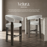 Tabouret de bar rond moderne rembourré en tissu lin, mousse haute densité, pieds en bois massif, assise haute pour restaurant et salle à manger