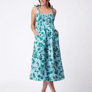 Vestido Midi de Maternidad con Estampado Floral y Tirantes Cruzados en Azul y Verde, Diseño Personalizado, Vestido Casual para Mujer - Product Image 1