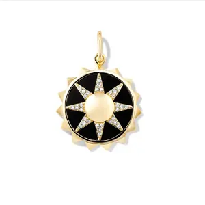 Gemnel fashion jewellery energy sun necklace pave diamond black enamel coin charm pendant
