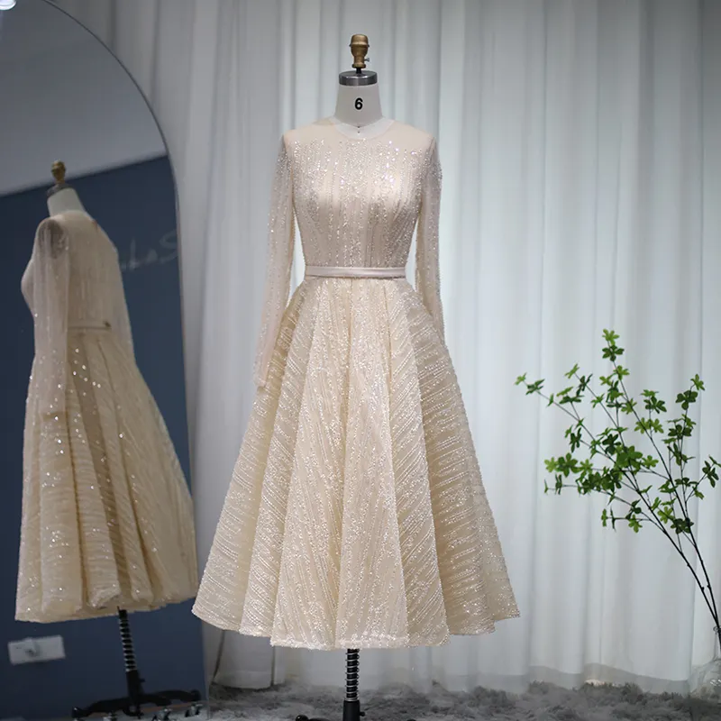 Lscz135 Luxury Dubai Beige Midi Evening Dress For Women Wedding Party Long Sleeves Ankle Length Arabic Bridal Gowns